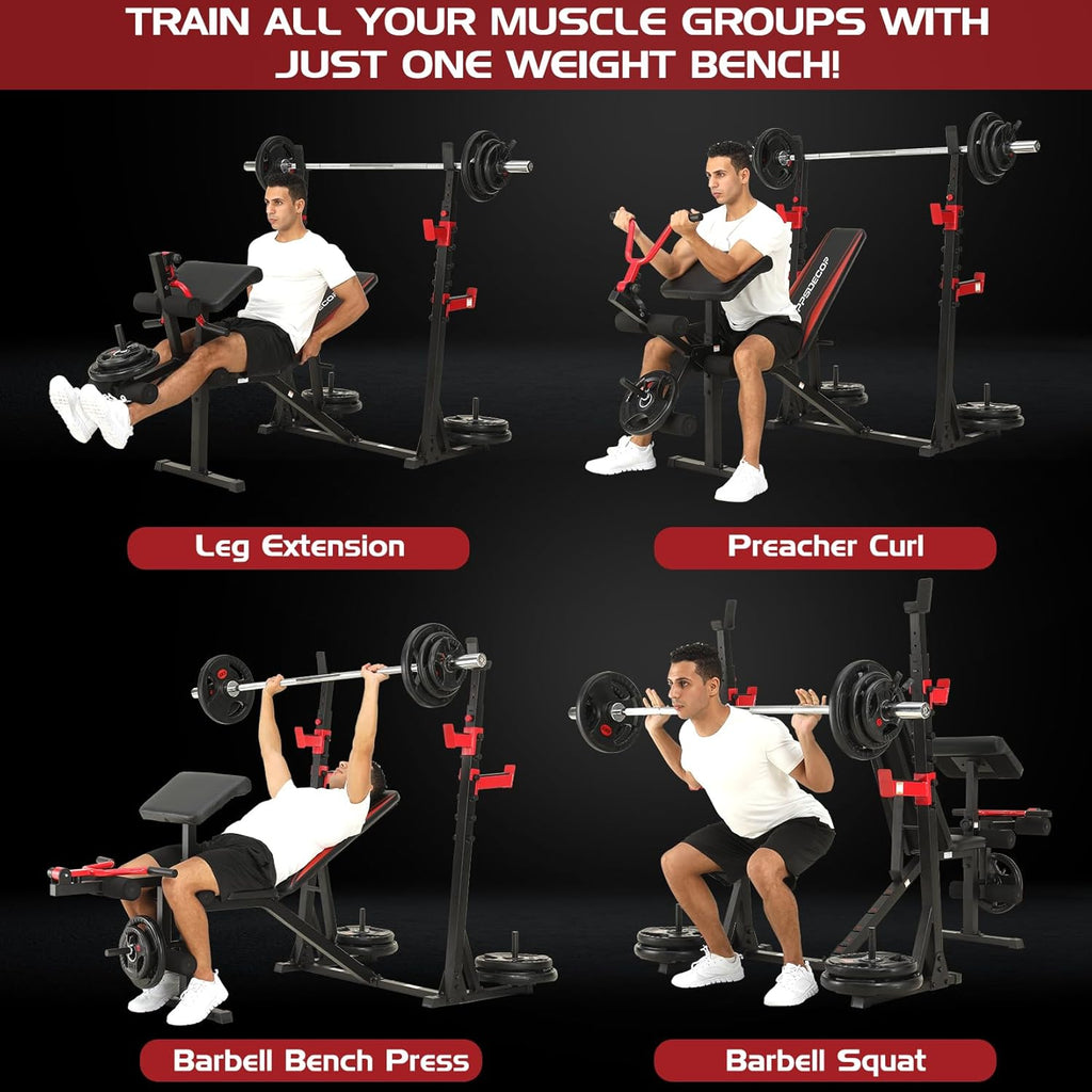 900 lbs Weight Bench Set with Squat Rack, Preacher Curl Attachment, and Leg Extension for Complete Home Gym Training