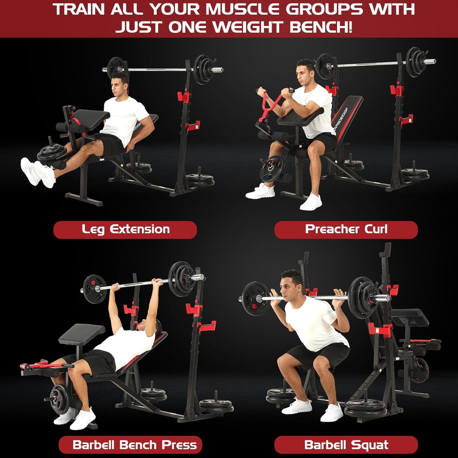 900 lbs Weight Bench Set with Squat Rack, Preacher Curl Attachment, and Leg Extension for Complete Home Gym Training