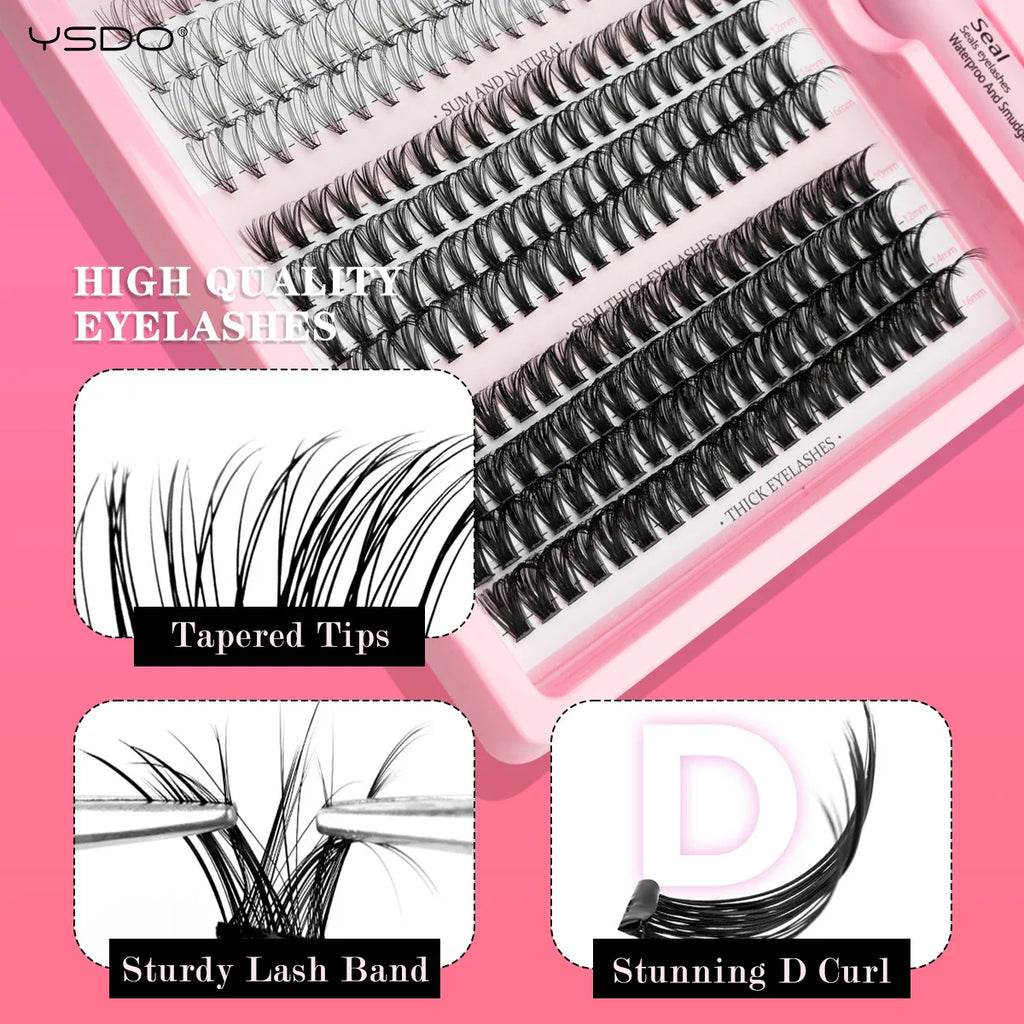Lash Clusters Kit with Individual Lash Extension Adhesive, Sealant, Tweezers, and Multi-Type False Eyelashes Applicator for Professional Makeup Application