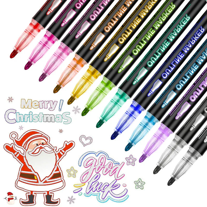 Double-Line Outline Pen Set - Available in 8 to 48 Colors, Fluorescent Metal Color Markers for DIY Projects and Creative Handbooks