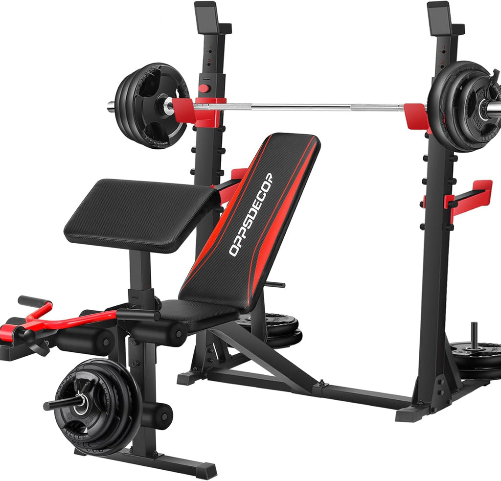 900 lbs Weight Bench Set with Squat Rack, Preacher Curl Attachment, and Leg Extension for Complete Home Gym Training