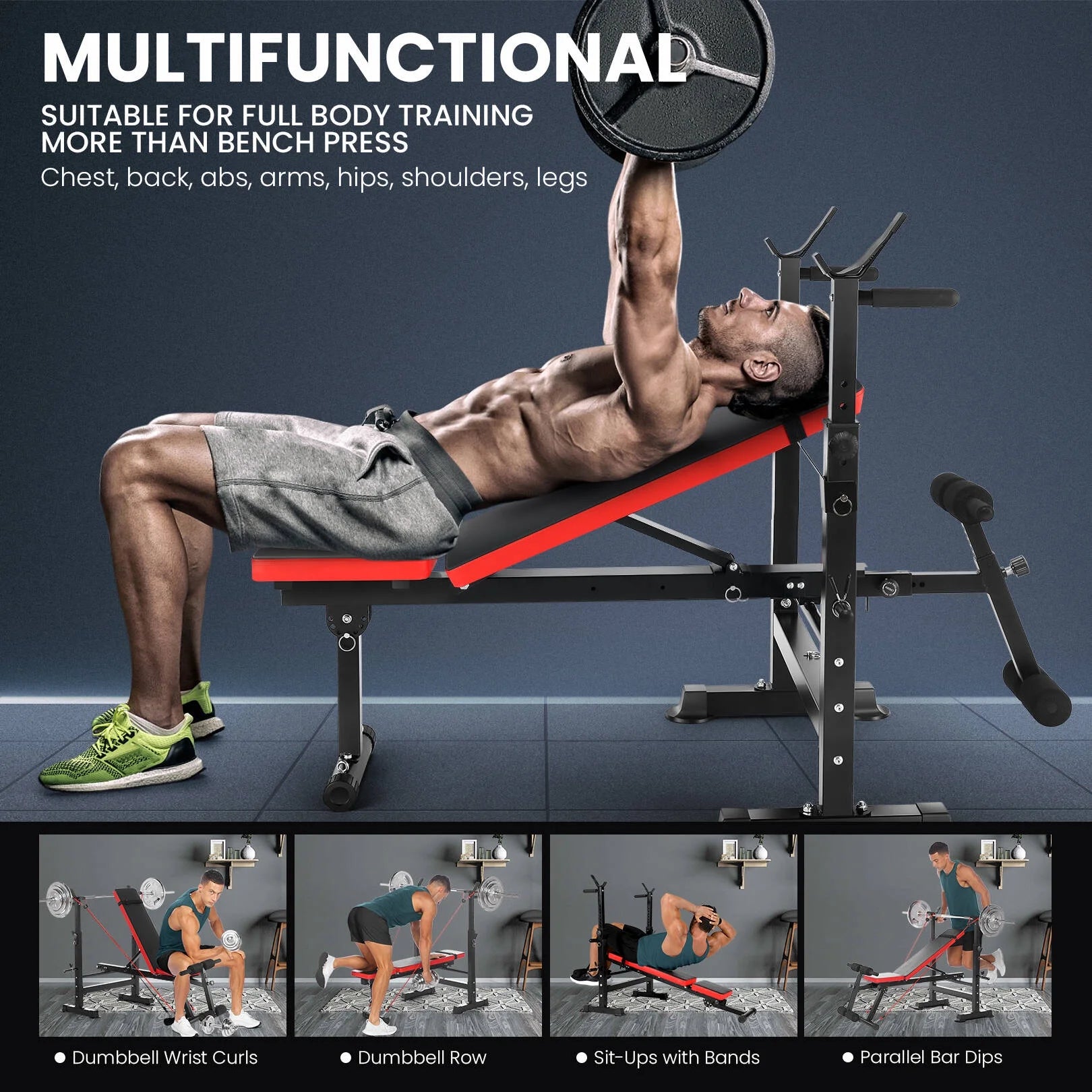 Adjustable 6-in-1 Weight Bench with Barbell Rack and Removable Foot Bracket, Featuring Resistance Bands for Home Gym Workouts