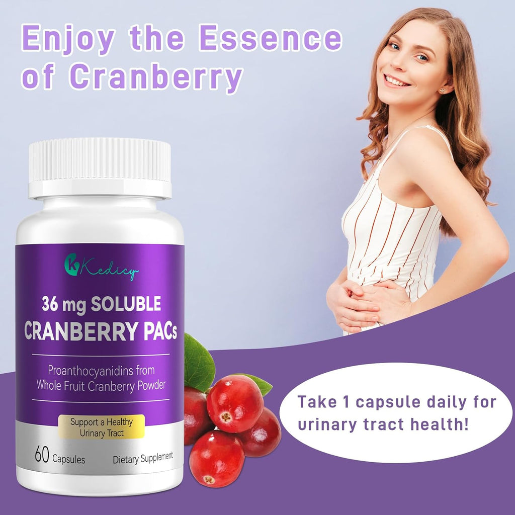 Cranberry Pills for Women with 36 Mg Soluble Pacs, Sourced from New England Whole Fruit Cranberries Powder, Cranberry Pills for UTI Defense & Urinary Tract Health, 60 Caps