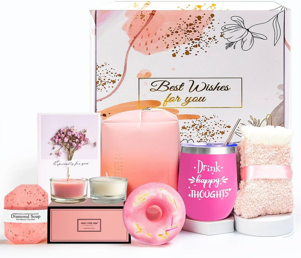 Elegant Spa Gift Basket for Women - Ideal Birthday Present for Wife, Mother, Sister, Girlfriend, Daughter, or Best Friend - Includes Wine Tumbler and Spa Bath Set (Pink)