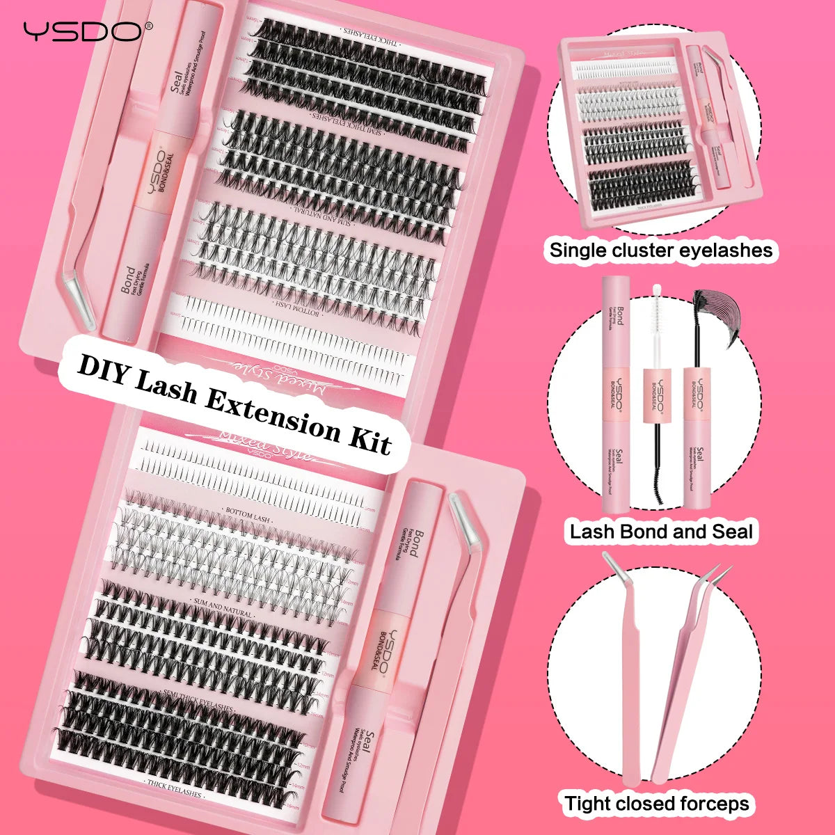 Lash Clusters Kit with Individual Lash Extension Adhesive, Sealant, Tweezers, and Multi-Type False Eyelashes Applicator for Professional Makeup Application