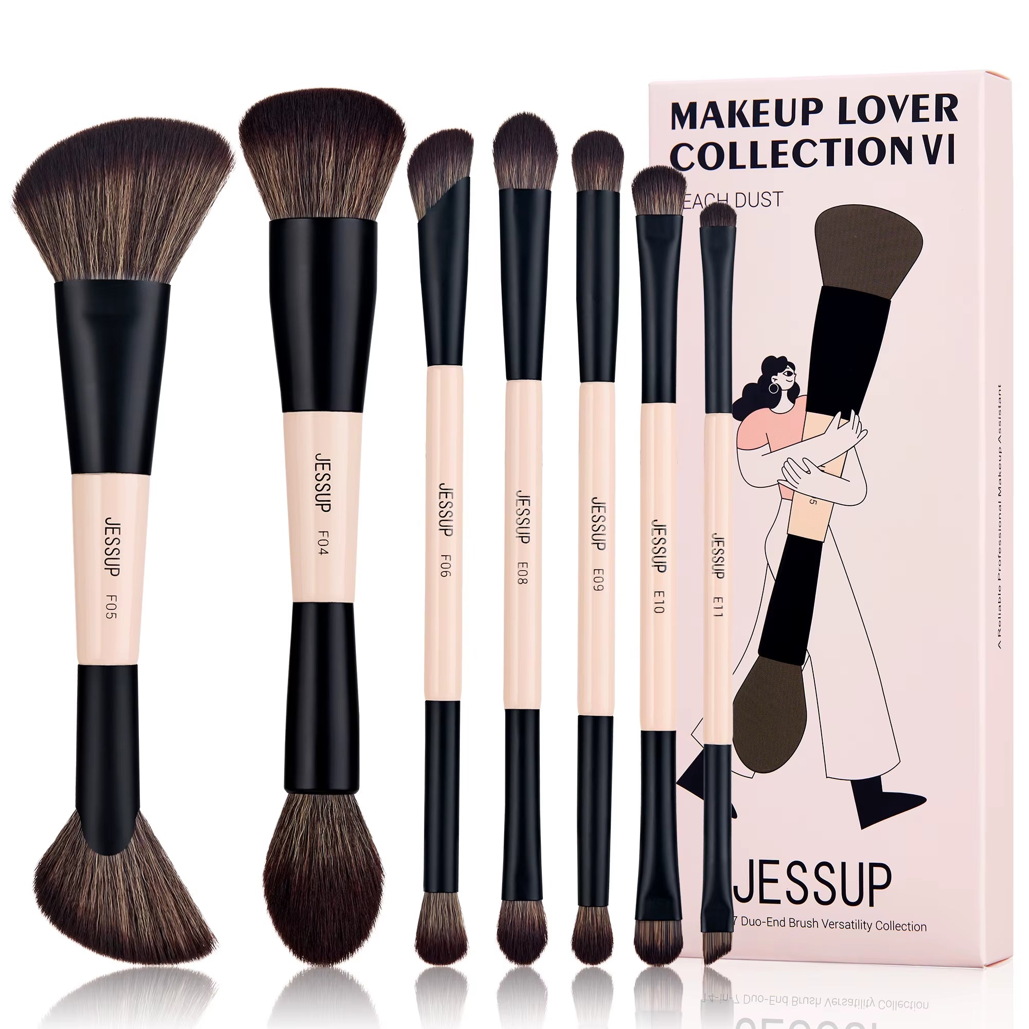 Double-Sided Makeup Brush Set - 3/5/7 Pieces for Foundation, Eyeshadow, and Powder Blending - Cruelty-Free Peach Dust T600