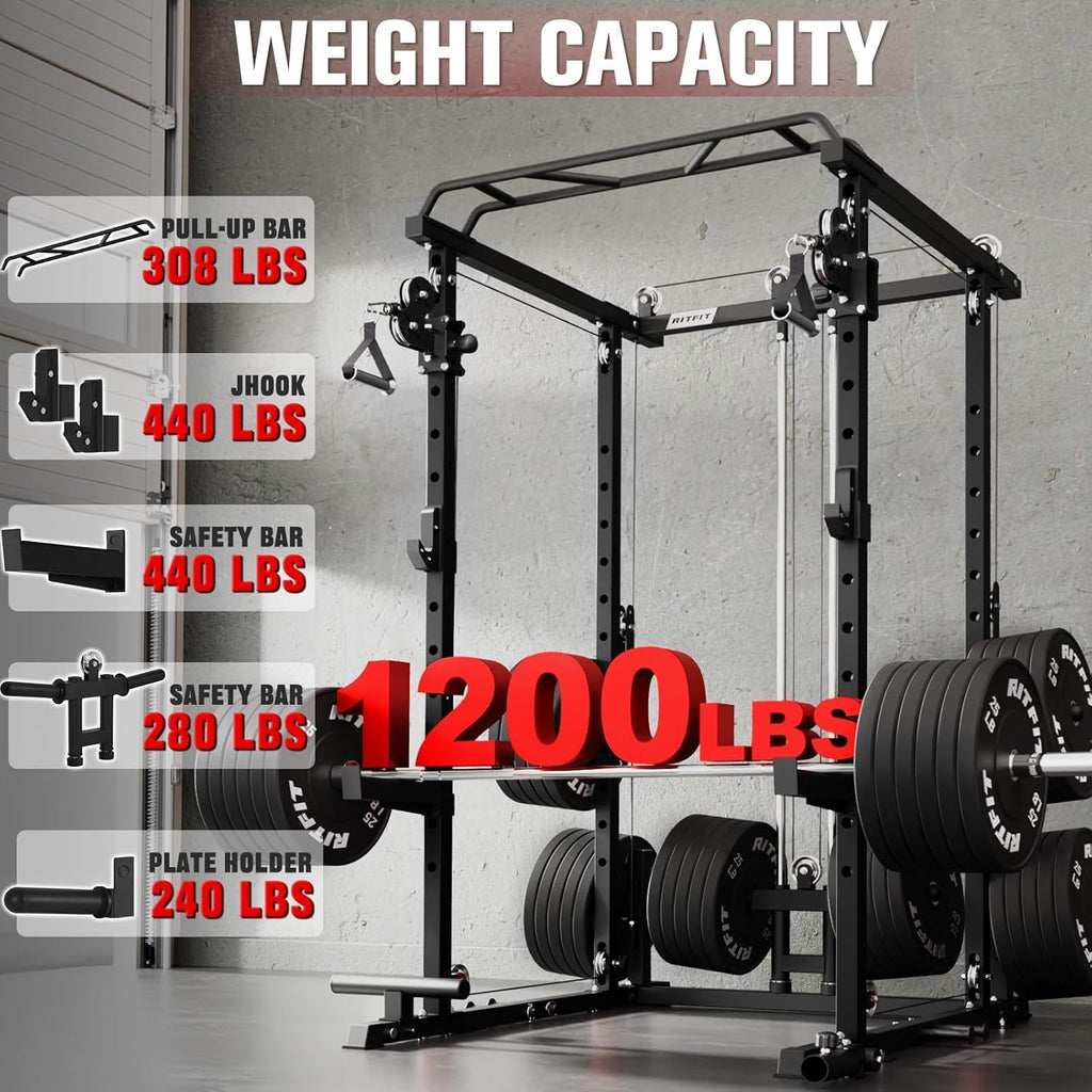 Premium Home Gym Bundle: 1200LBS Power Cage PPC03/P3 with Cable Crossover System, Adjustable Weight Bench, and Olympic Barbell Weight Set for Complete Full Body Training