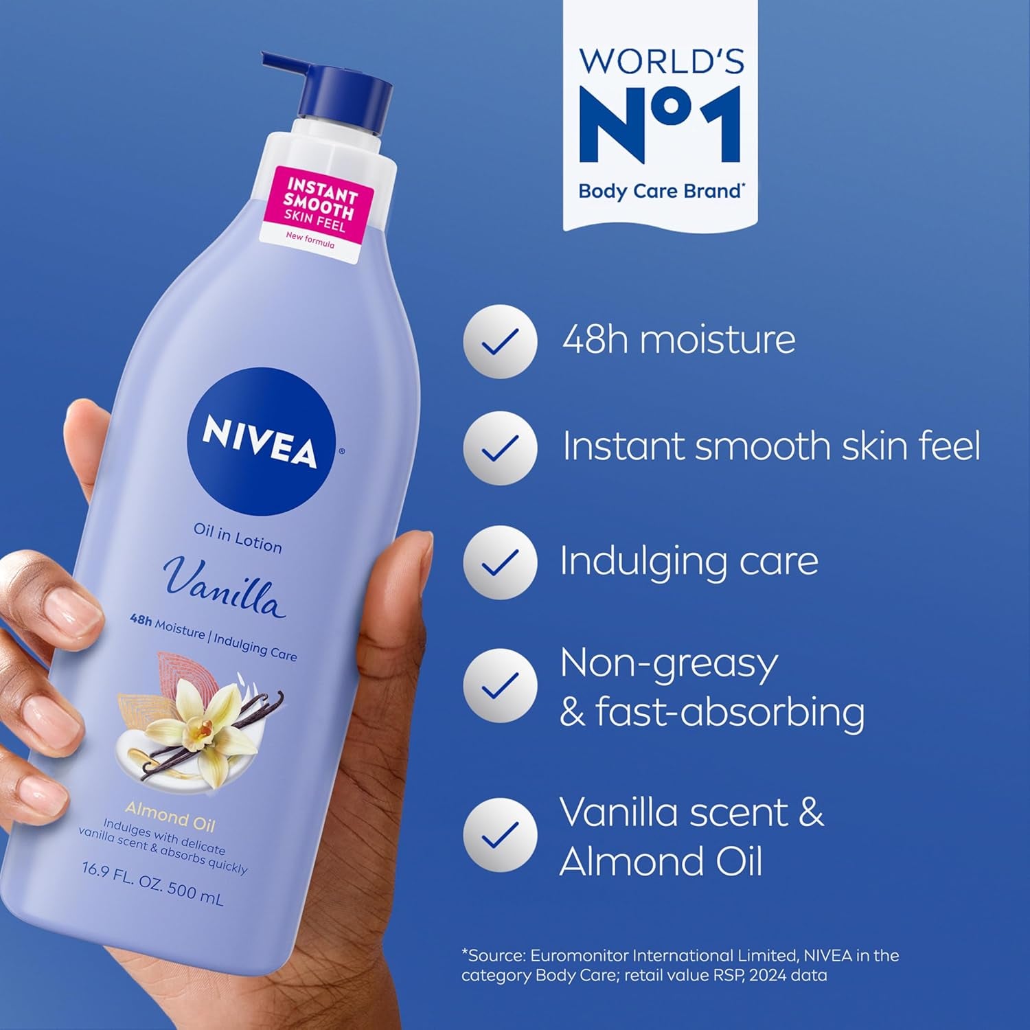 Oil Infused Vanilla and Almond Body Lotion for Women, Fast-Absorbing and Non-Greasy, 48-Hour Moisturization, 16.9 Fl Oz Pump Bottle, Set of 3