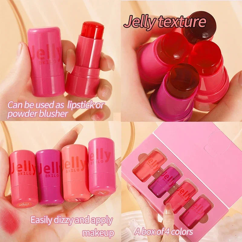 4-Piece Jelly Cheek Blush Tint Set - 3-in-1 Transparent Moisturizing Blusher, Facial Contour, and Lipstick for Long-Lasting Makeup