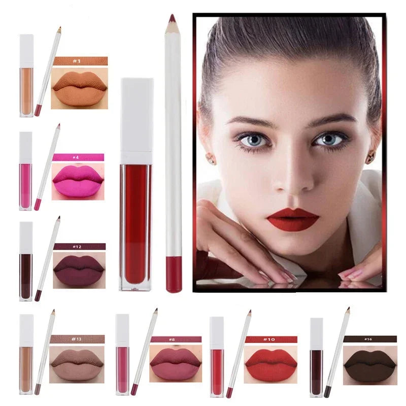 Vegan Lip Gloss and Lip Liner Kit - 21 Color Set for Private Label, Non-Sticky Matte Lipstick and Lipliner, Wholesale Makeup Solutions