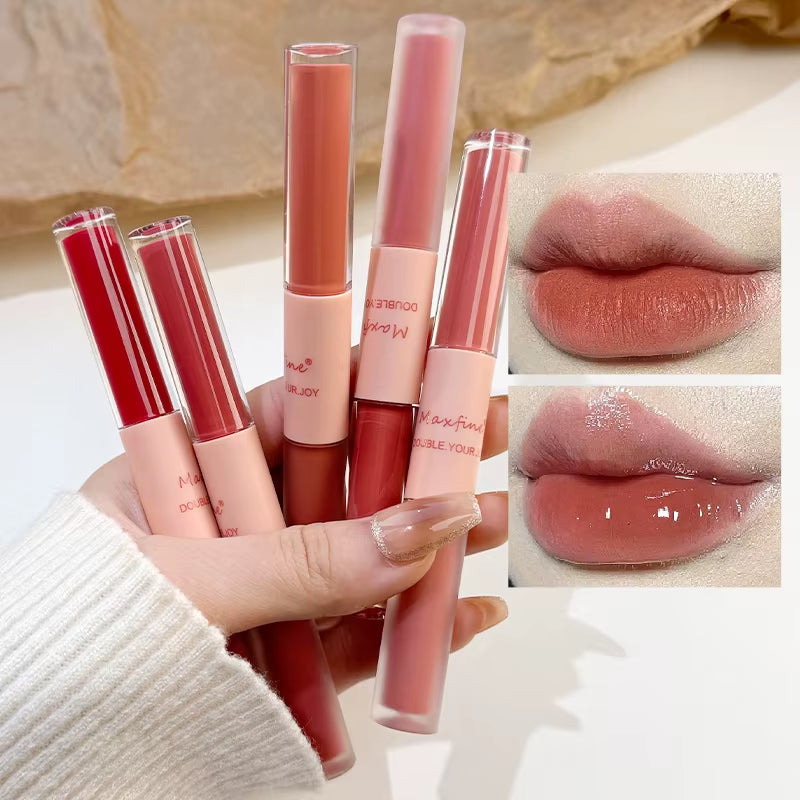 Double-Ended Lip Glaze: Full Gloss and Matte Velvet Finish for Long-Lasting Color and Hydration, Anti-Stain Cosmetic Lip Gloss