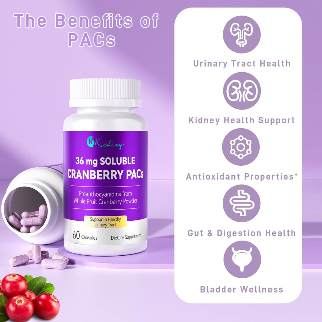 Cranberry Pills for Women with 36 Mg Soluble Pacs, Sourced from New England Whole Fruit Cranberries Powder, Cranberry Pills for UTI Defense & Urinary Tract Health, 60 Caps