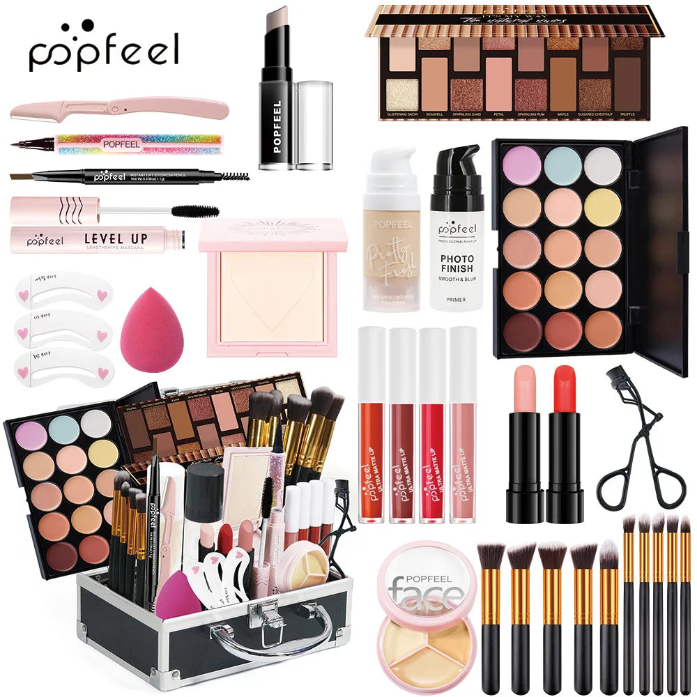 Professional Makeup Kit: Complete Set with Glitter Eyeshadow, Blush, Lipstick, and Foundation - Ideal Gift for Women