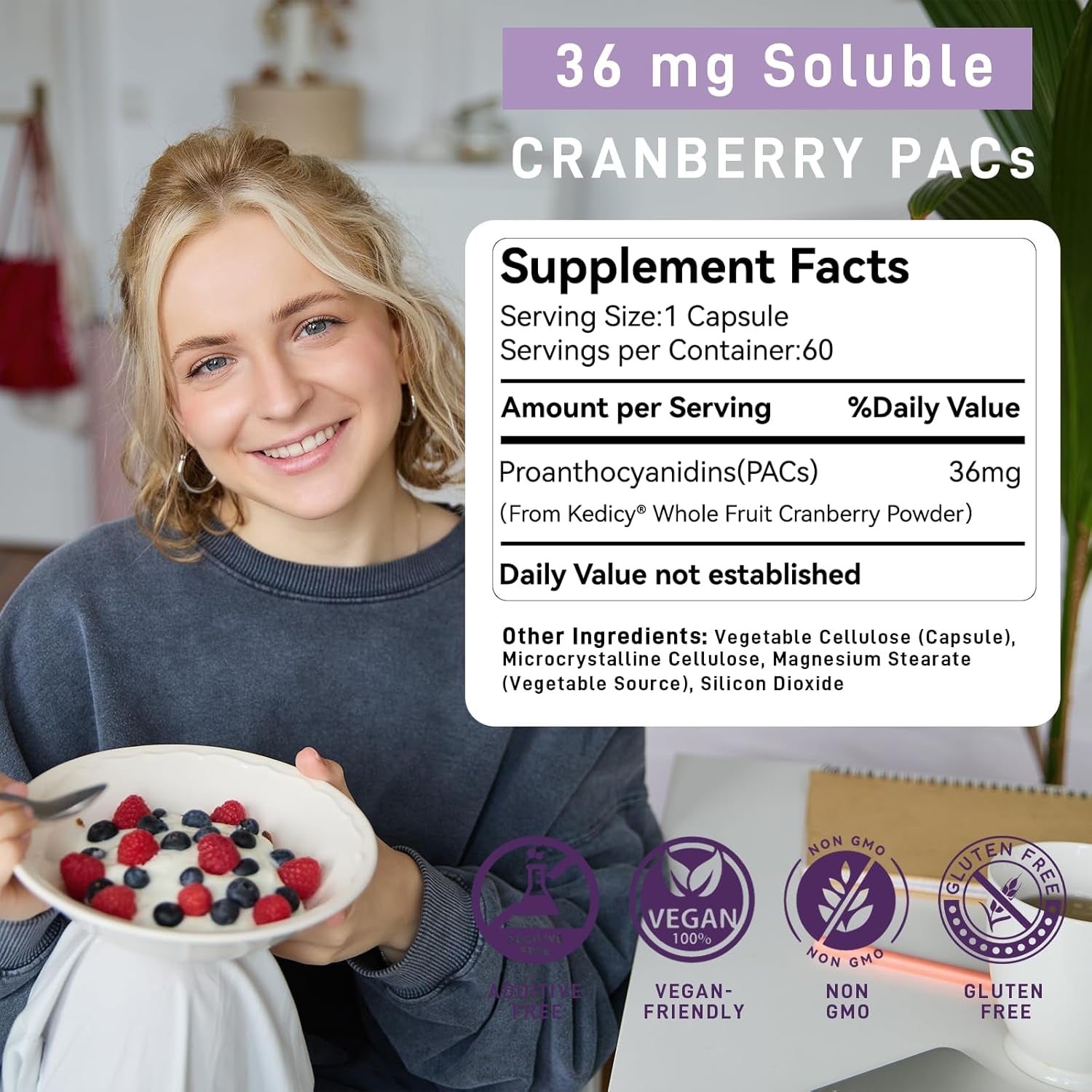 Cranberry Pills for Women with 36 Mg Soluble Pacs, Sourced from New England Whole Fruit Cranberries Powder, Cranberry Pills for UTI Defense & Urinary Tract Health, 60 Caps