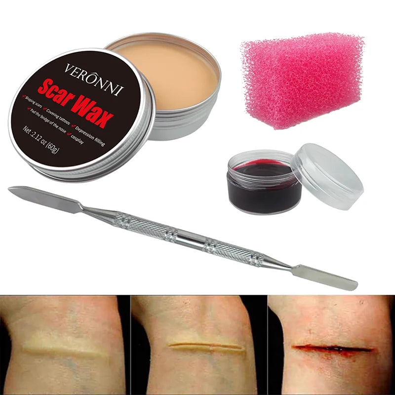 Professional SFX Makeup Kit - 12 Color Face and Body Paint, Oil-Based Special Effects for Halloween, Wound and Scar Wax, Fake Scab, Blood, and Spatula Included