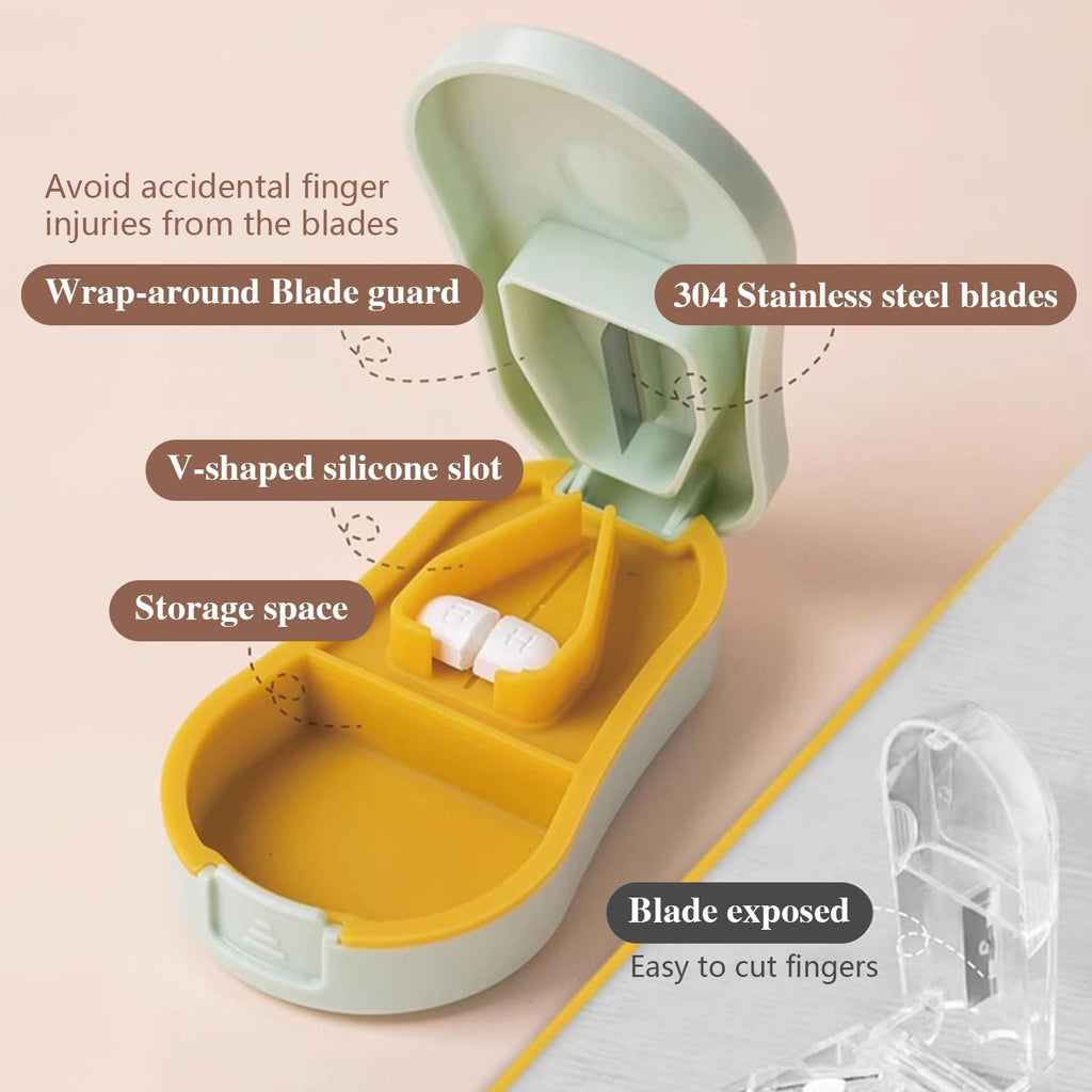 Pill Cutter Splitter for Small and Tiny Pills - Pill Cutter 1/4 - Accurately Cuts Multiple Pills - Easy Open Snap Button. Detachable Nonslip V-Shaped Pad. Wrap-Around Blade Guard. Back Storage (Cyan) | Sliding Back Storage, Pill Cutter 1/4, Accurately Cut