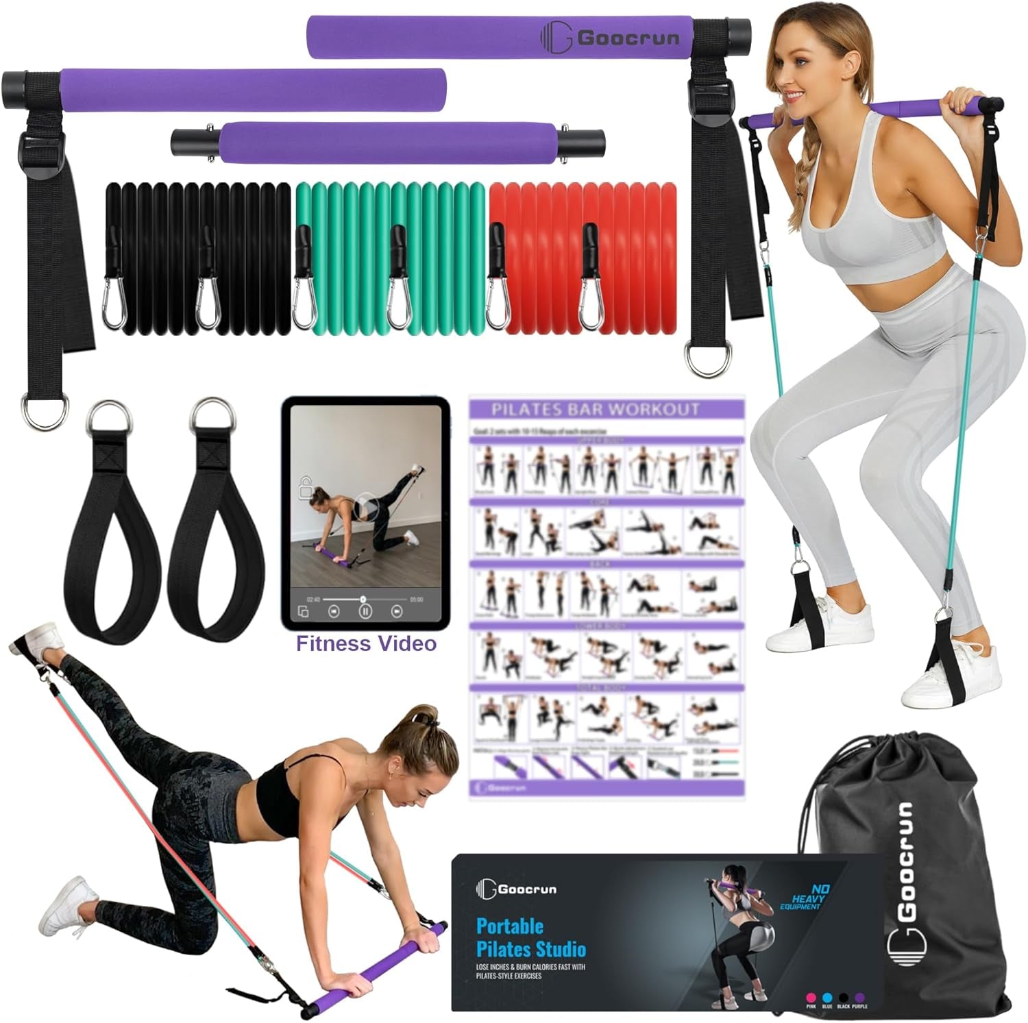 Portable Pilates Bar Kit with Resistance Bands - Complete Home Gym System for Full-Body Workouts - Includes Fitness Poster and Instructional Video
