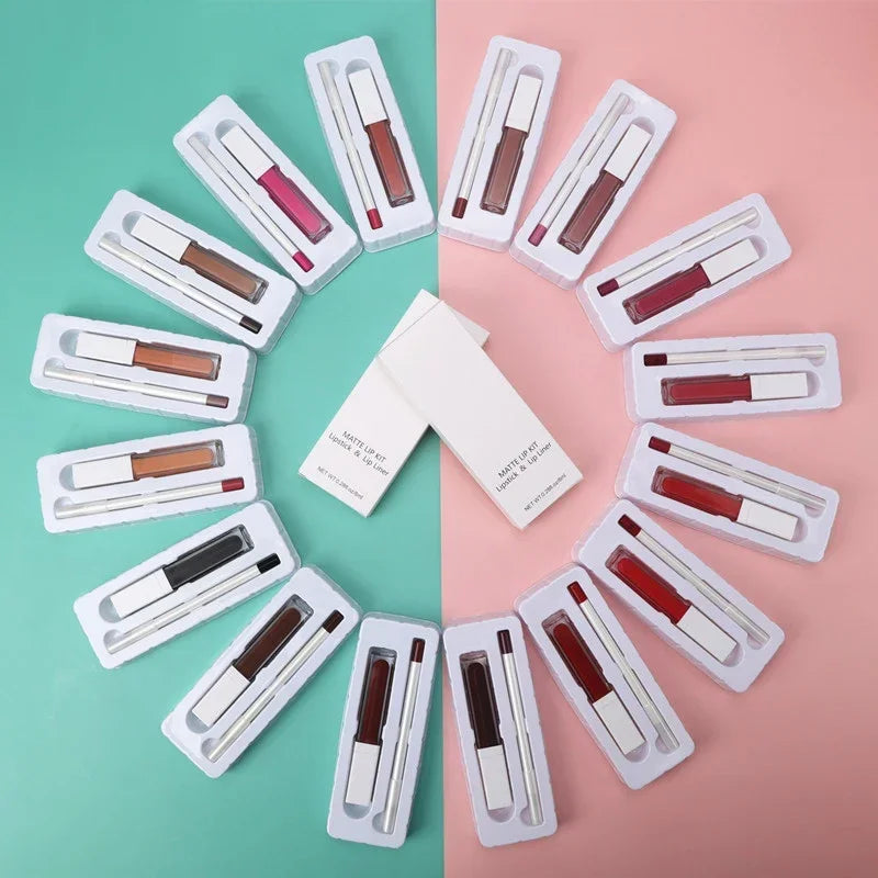 Vegan Lip Gloss and Lip Liner Kit - 21 Color Set for Private Label, Non-Sticky Matte Lipstick and Lipliner, Wholesale Makeup Solutions