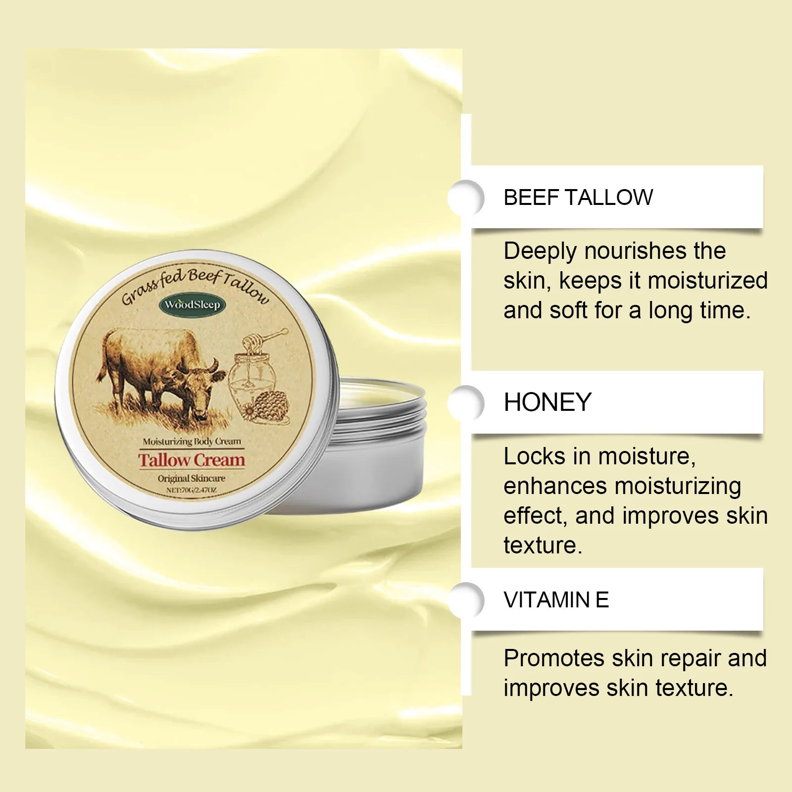 Beef Tallow Moisturizing Face Cream and Body Lotion for Facial Redness Repair, Soothing, Brightening, and Nourishing Skin Care