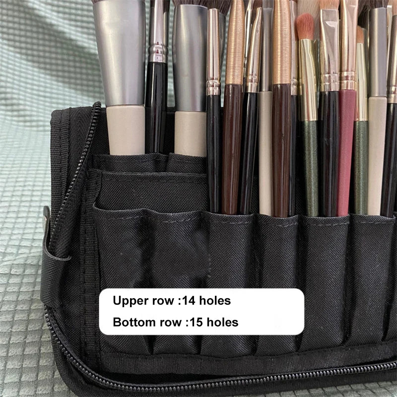 29-Hole Foldable Makeup Brush Organizer - Waterproof Nylon Cosmetic Storage Bag for Women