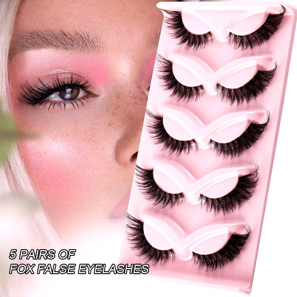 5 Pairs of Faux Mink Cat Eye Lashes - Natural Long Manga Style with Winged Ends for Enhanced Eye Elongation