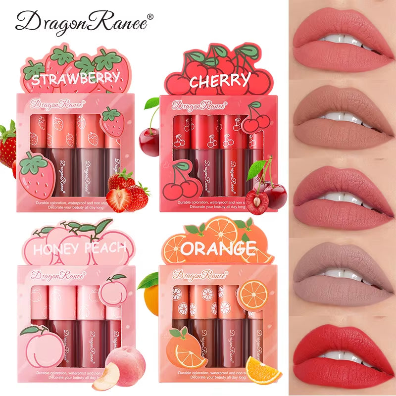 Velvet Matte Lip Gloss Set - 3 or 4 Pieces, Long-Lasting, Non-Fading, Non-Stick Cup, Fruit Scented, Smooth and Lightweight Formula
