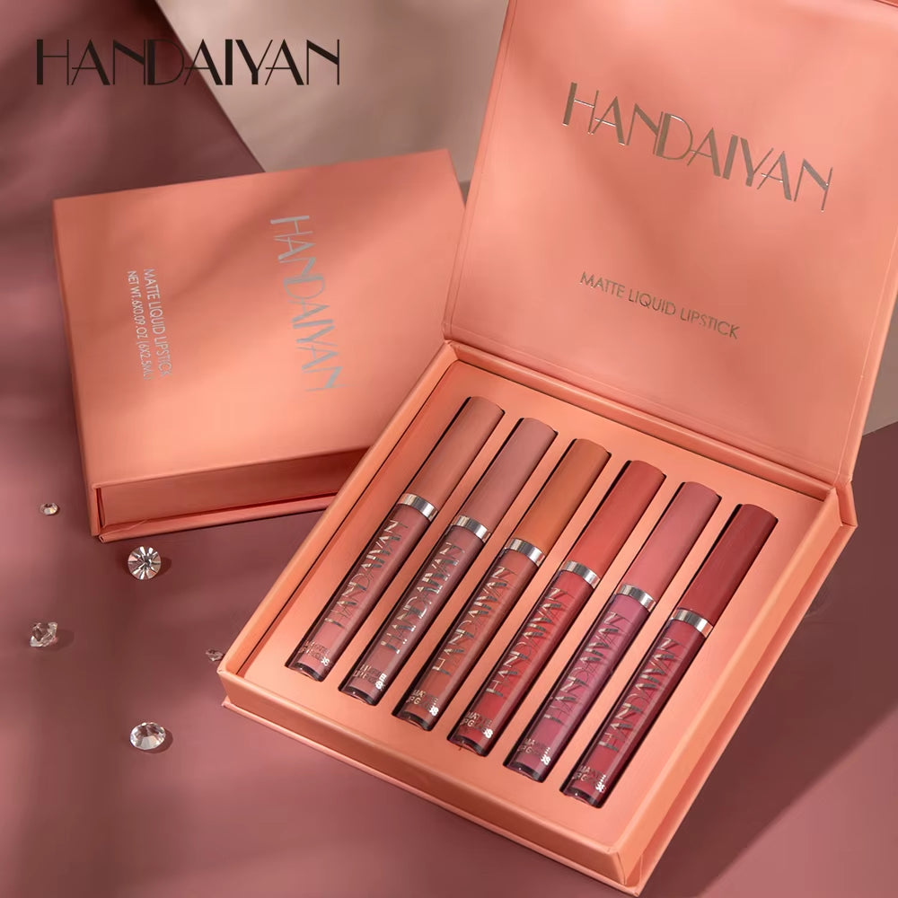 Set of 6 Long-Lasting Nonstick Liquid Lipsticks in Gift Box – Matte Finish Lip Gloss with Fade Resistance