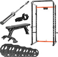 Comprehensive Gym Equipment Set: Power Cage, Olympic Barbell, Weightlifting Bench, Barbell Locking Clips, and Weights (5kg, 10kg, 15kg, 20kg, 25kg)