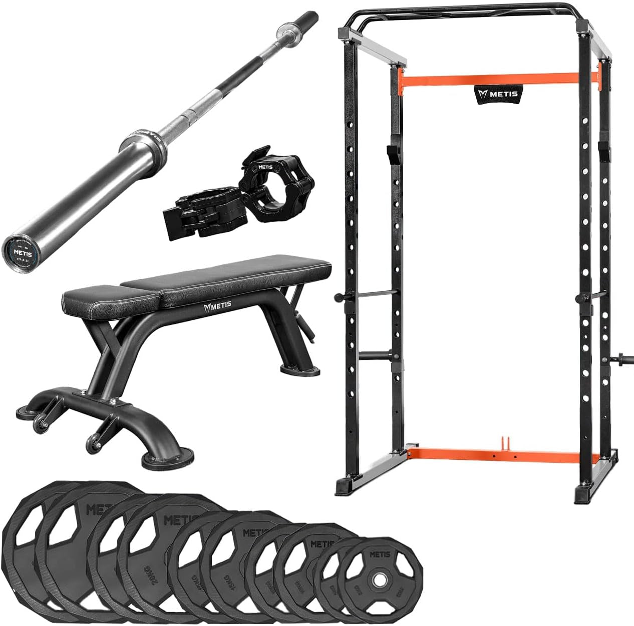 Comprehensive Gym Equipment Set: Power Cage, Olympic Barbell, Weightlifting Bench, Barbell Locking Clips, and Weights (5kg, 10kg, 15kg, 20kg, 25kg)