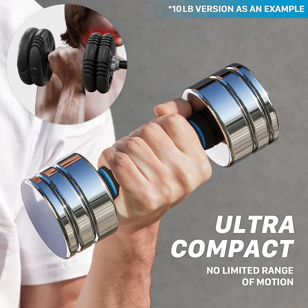Adjustable Ultracompact Chrome Dumbbells with Foam Grips - Available in 5Lb, 10Lb, 15Lb, 20Lb, 30Lb, and 50Lb for Home Fitness Training