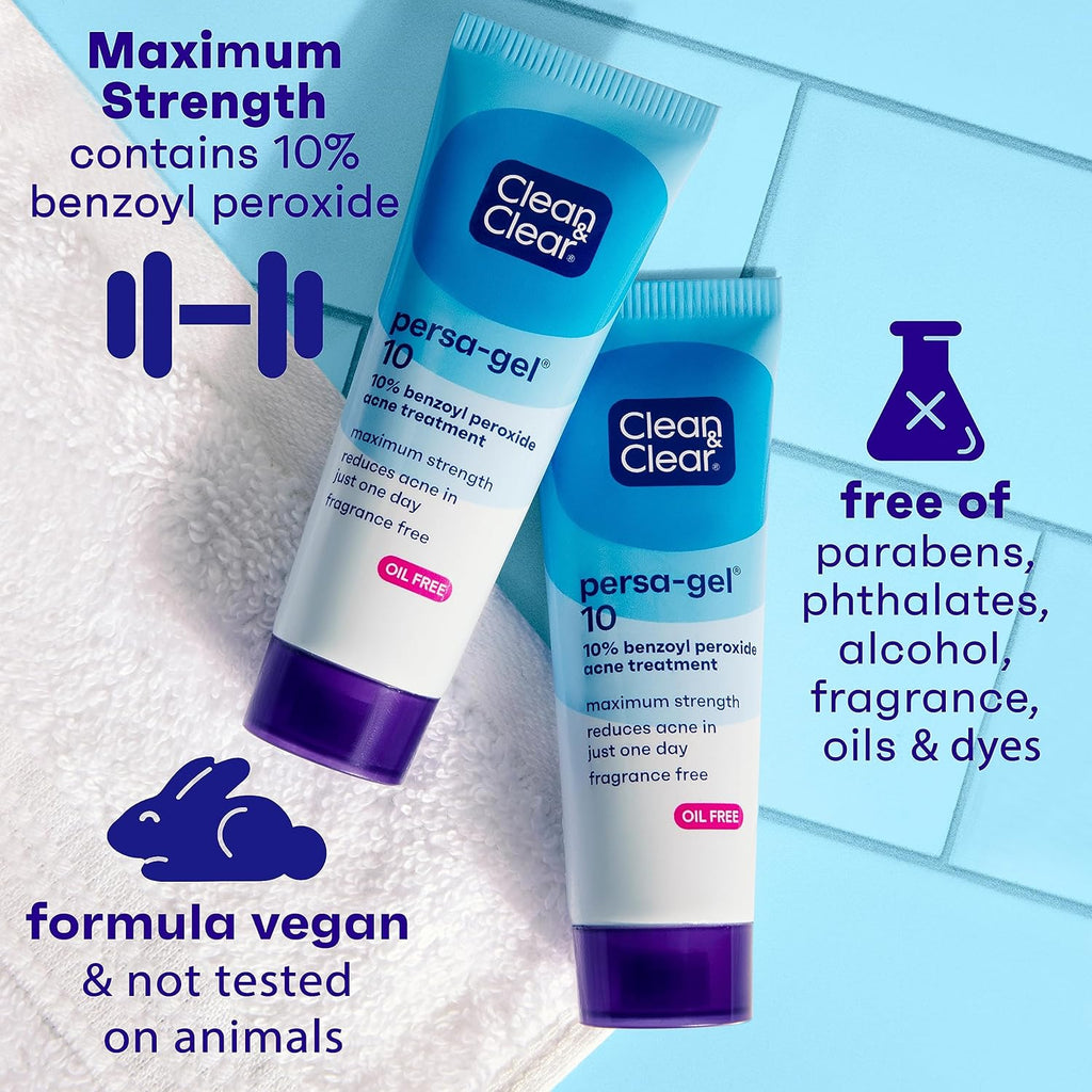 Clean & Clear Persa-Gel 10 Maximum Strength Oil-Free Acne Spot Treatment with 10% Benzoyl Peroxide, Fragrance-Free, 1 Fl. Oz