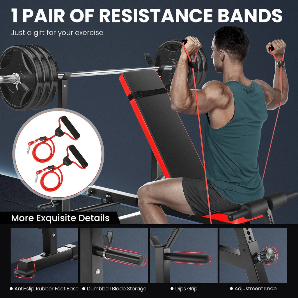 Adjustable 6-in-1 Weight Bench with Barbell Rack and Removable Foot Bracket, Featuring Resistance Bands for Home Gym Workouts