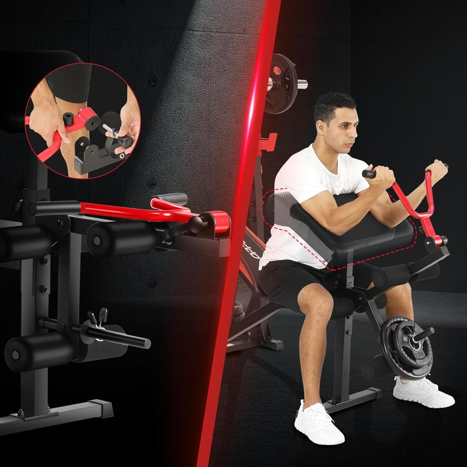 900 lbs Weight Bench Set with Squat Rack, Preacher Curl Attachment, and Leg Extension for Complete Home Gym Training