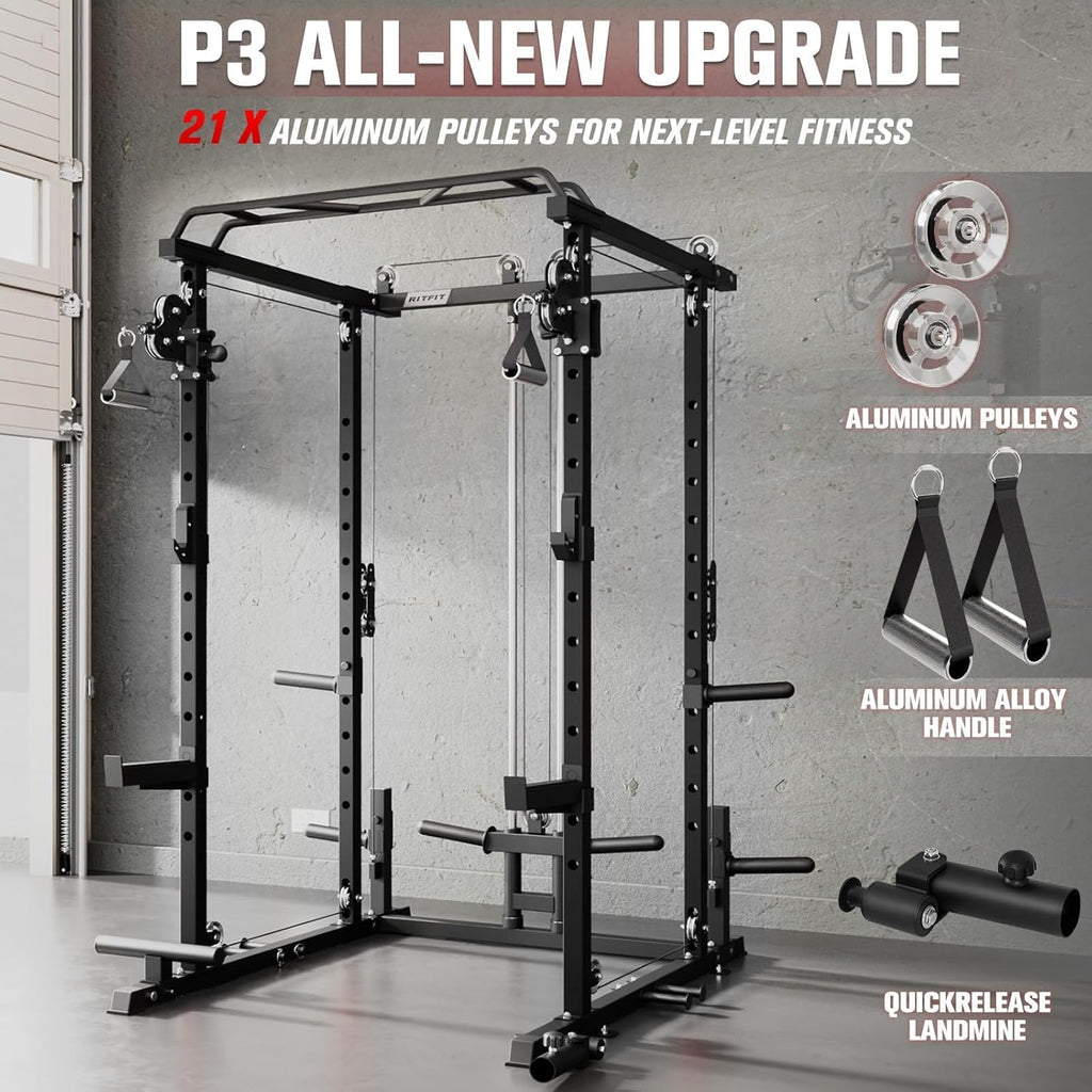 Premium Home Gym Bundle: 1200LBS Power Cage PPC03/P3 with Cable Crossover System, Adjustable Weight Bench, and Olympic Barbell Weight Set for Complete Full Body Training