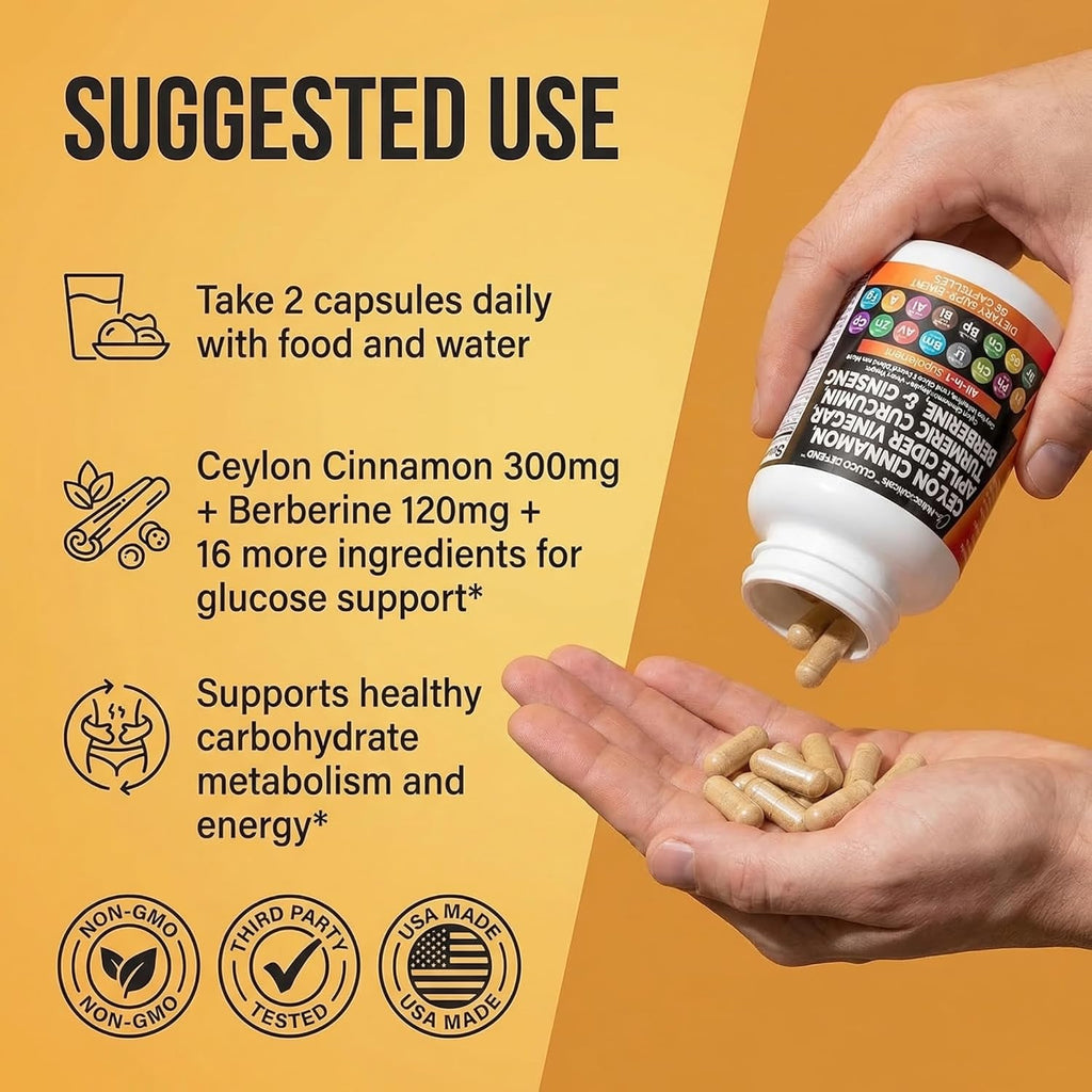 Ceylon Cinnamon Capsules + Berberine Turmeric Apple Cider Vinegar Ginseng Bitter Melon Gymnema Milk Thistle Fenugreek Supplement Pills Powder for Men & Women