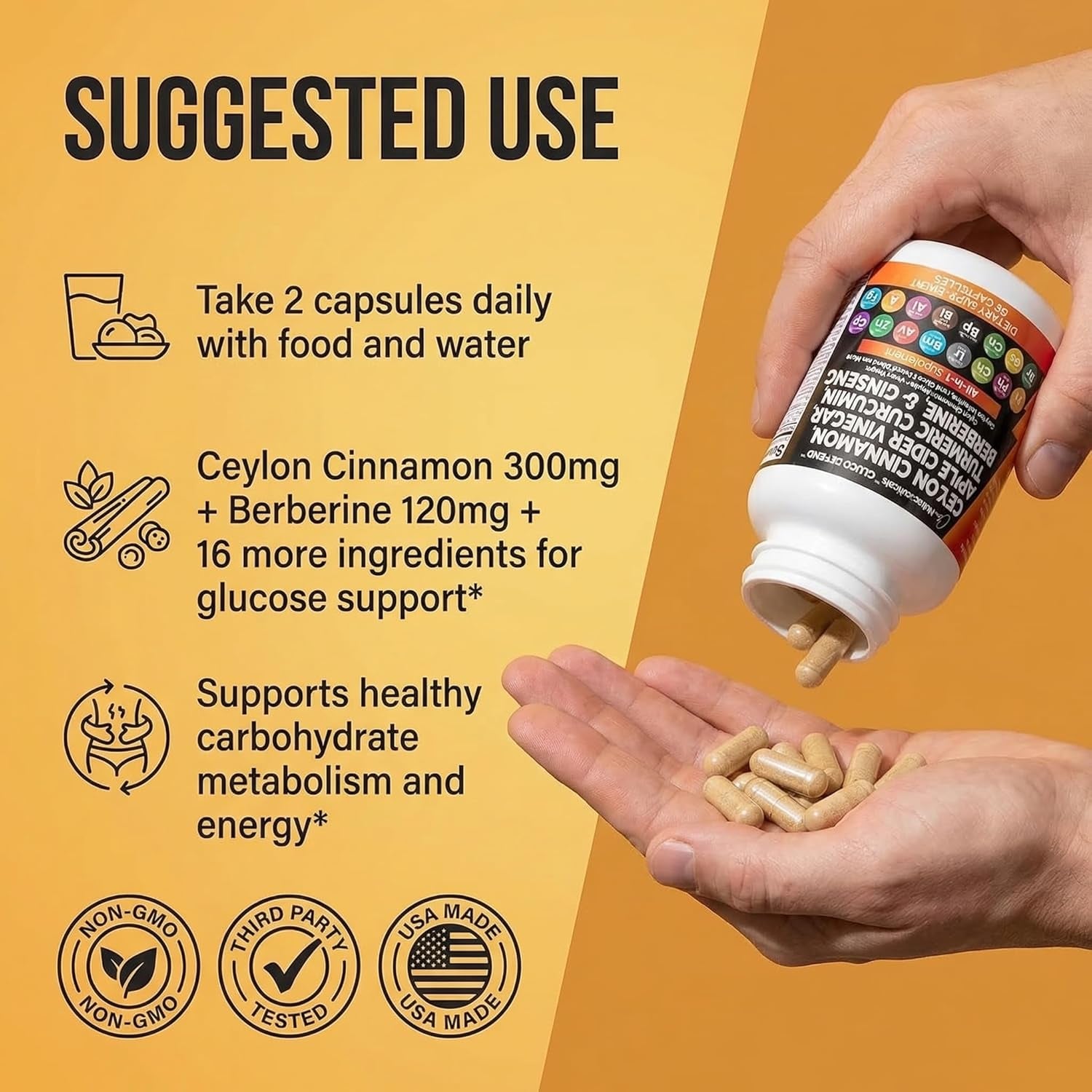 Ceylon Cinnamon Capsules + Berberine Turmeric Apple Cider Vinegar Ginseng Bitter Melon Gymnema Milk Thistle Fenugreek Supplement Pills Powder for Men & Women