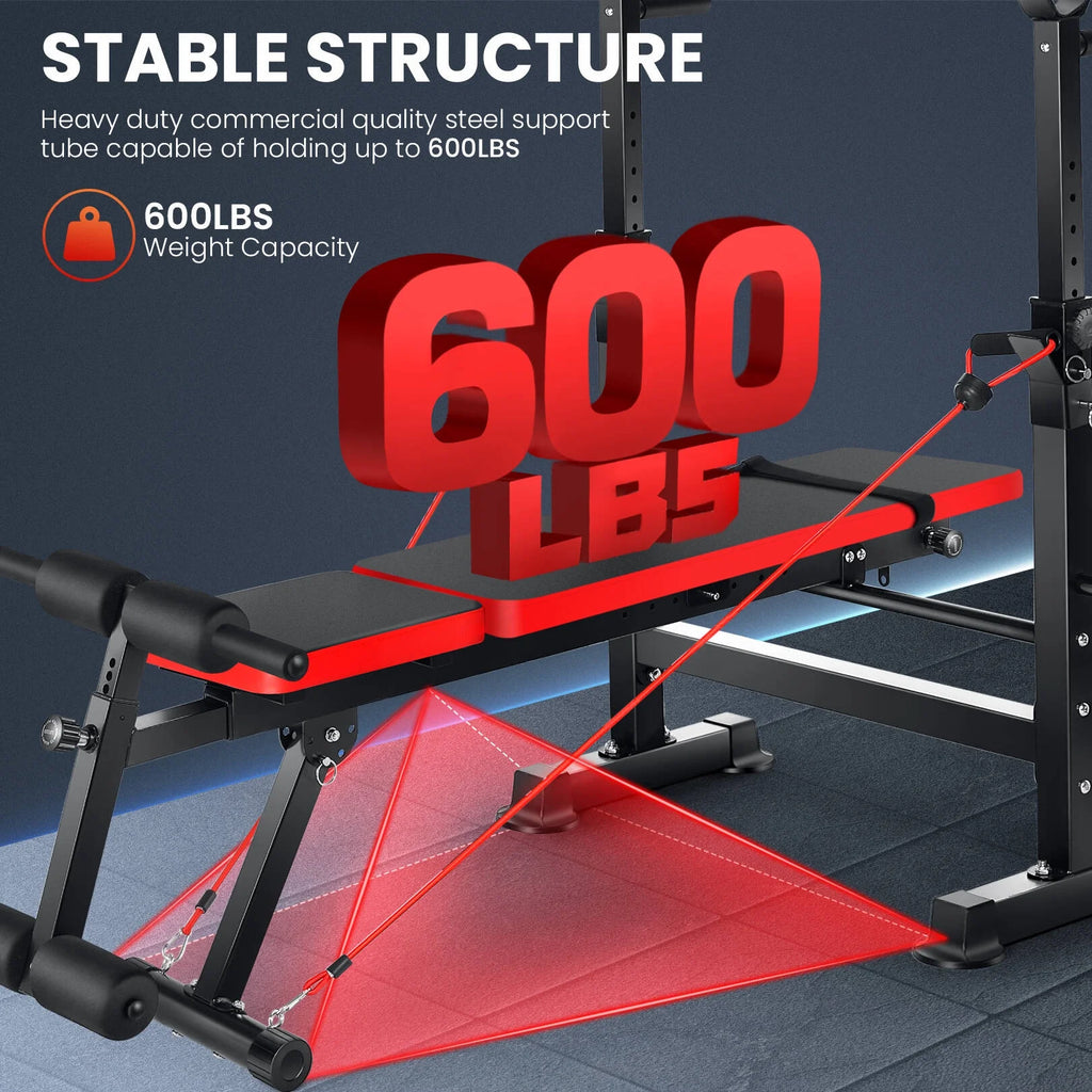 Adjustable 6-in-1 Weight Bench with Barbell Rack and Removable Foot Bracket, Featuring Resistance Bands for Home Gym Workouts