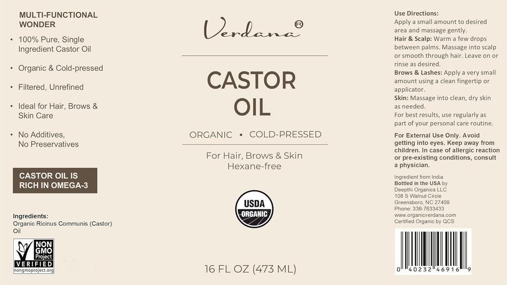 Organic Cold Pressed Castor Oil – Hexane Free Hair and Scalp Treatment, Eyelash and Eyebrow Enhancer, Skin Moisturizer – USDA Certified Pure and Natural – 16 Fl Oz