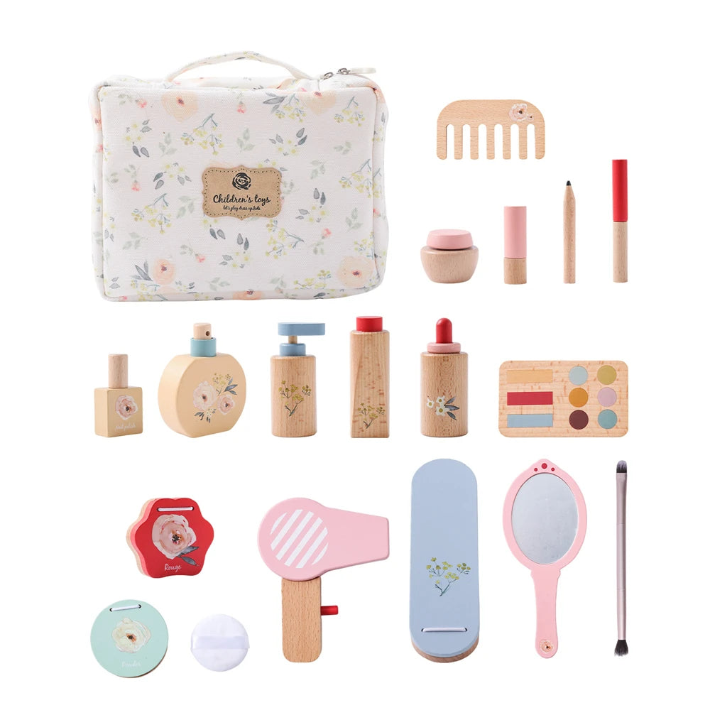 Wooden Pretend Play Makeup Set for Children - Simulation Cosmetics and Hairdressing Toys for Preschoolers