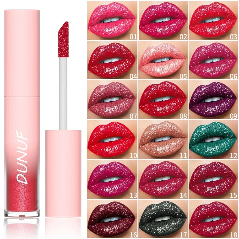 18-Color Metallic Waterproof Lip Gloss Set with Long-Lasting Matte and Shimmer Finishes for Women
