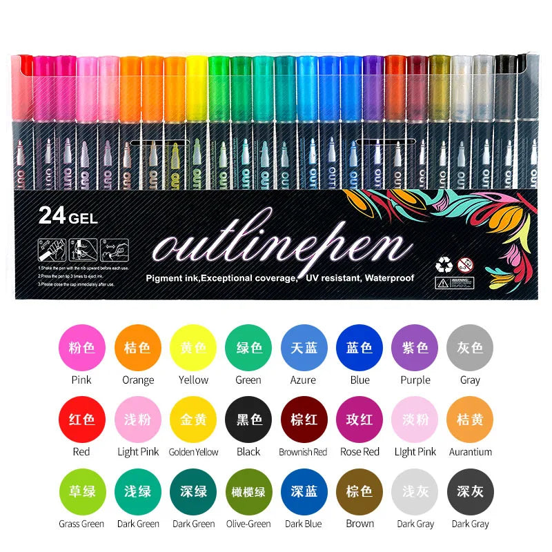 Double-Line Outline Pen Set - Available in 8 to 48 Colors, Fluorescent Metal Color Markers for DIY Projects and Creative Handbooks