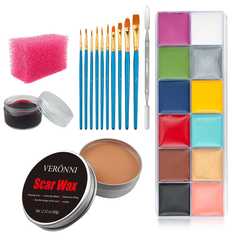 Professional SFX Makeup Kit - 12 Color Face and Body Paint, Oil-Based Special Effects for Halloween, Wound and Scar Wax, Fake Scab, Blood, and Spatula Included