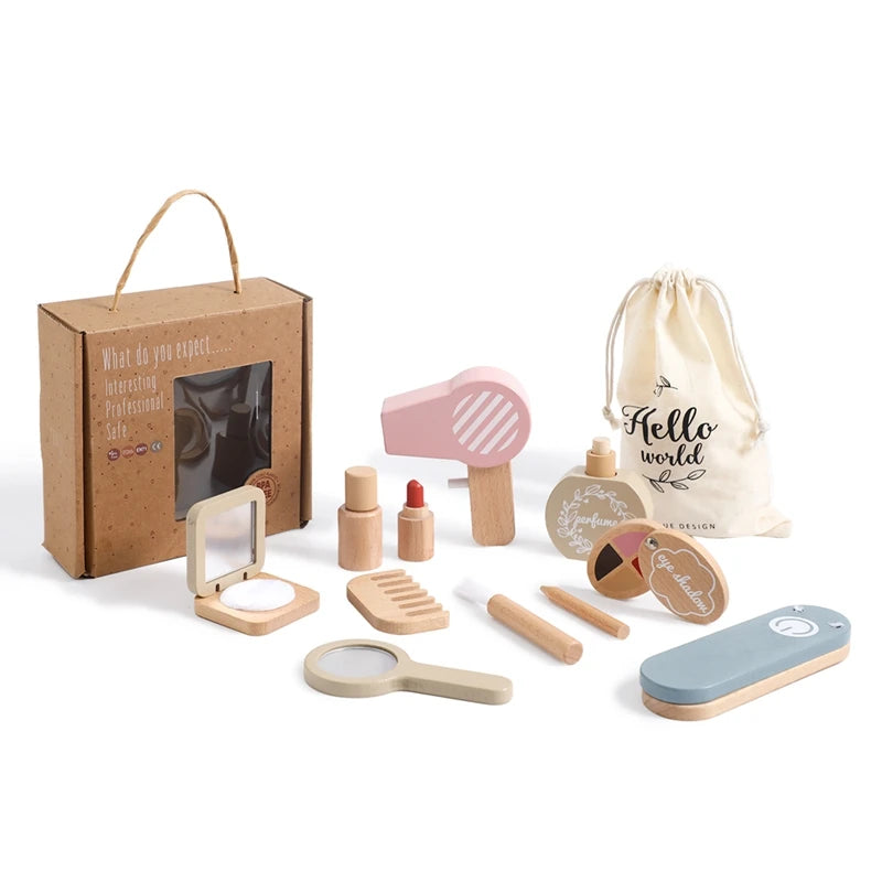 Wooden Pretend Play Makeup Set for Children - Simulation Cosmetics and Hairdressing Toys for Preschoolers
