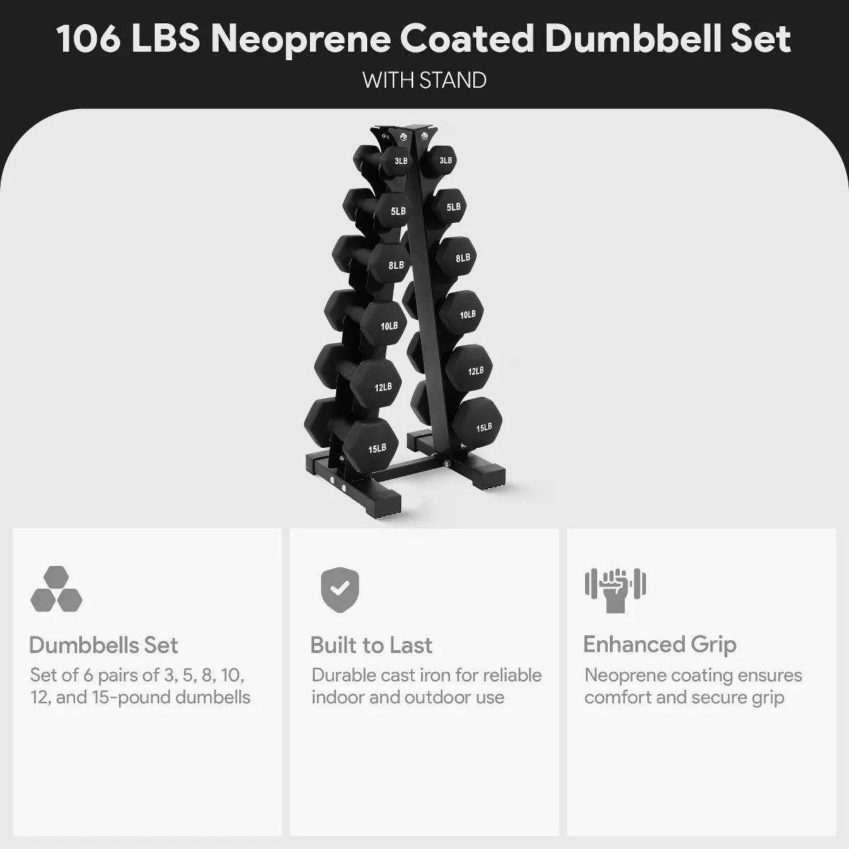 BalanceFrom 110-Pound Neoprene Coated Cast Iron Dumbbell Set with Stand, Includes 10 Pairs of Weights Ranging from 1 to 10 Pounds, Black