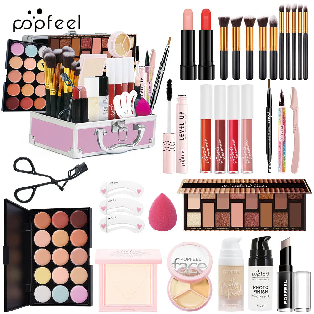 Professional Makeup Kit: Complete Set with Glitter Eyeshadow, Blush, Lipstick, and Foundation - Ideal Gift for Women