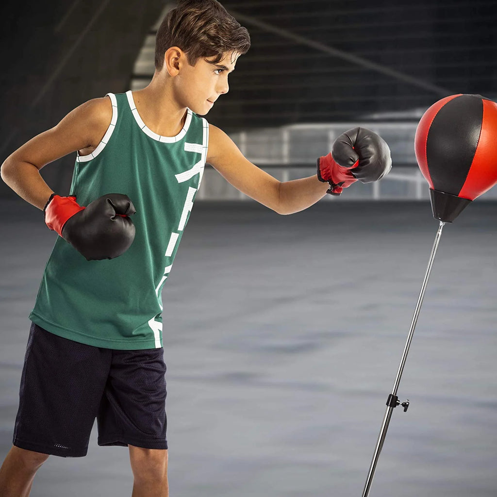 Playworld Red Boxing Punching Bag Set with Gloves, Pump, and Adjustable Stand