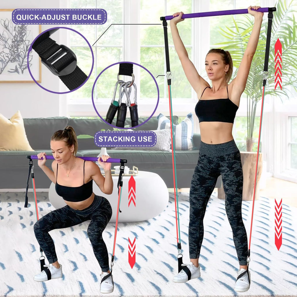 Portable Pilates Bar Kit with Resistance Bands - Complete Home Gym System for Full-Body Workouts - Includes Fitness Poster and Instructional Video