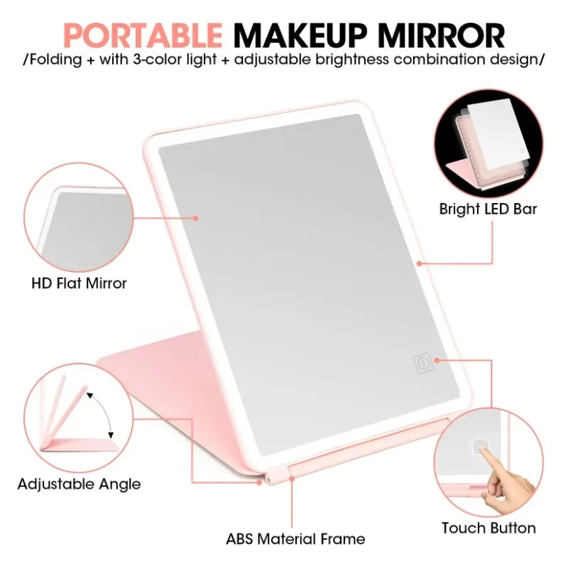 Portable LED Lighted Vanity Makeup Mirror with Touch Screen Dimming and Three Color Settings - Folding Cosmetic Travel Mirror and Large Table Mirror