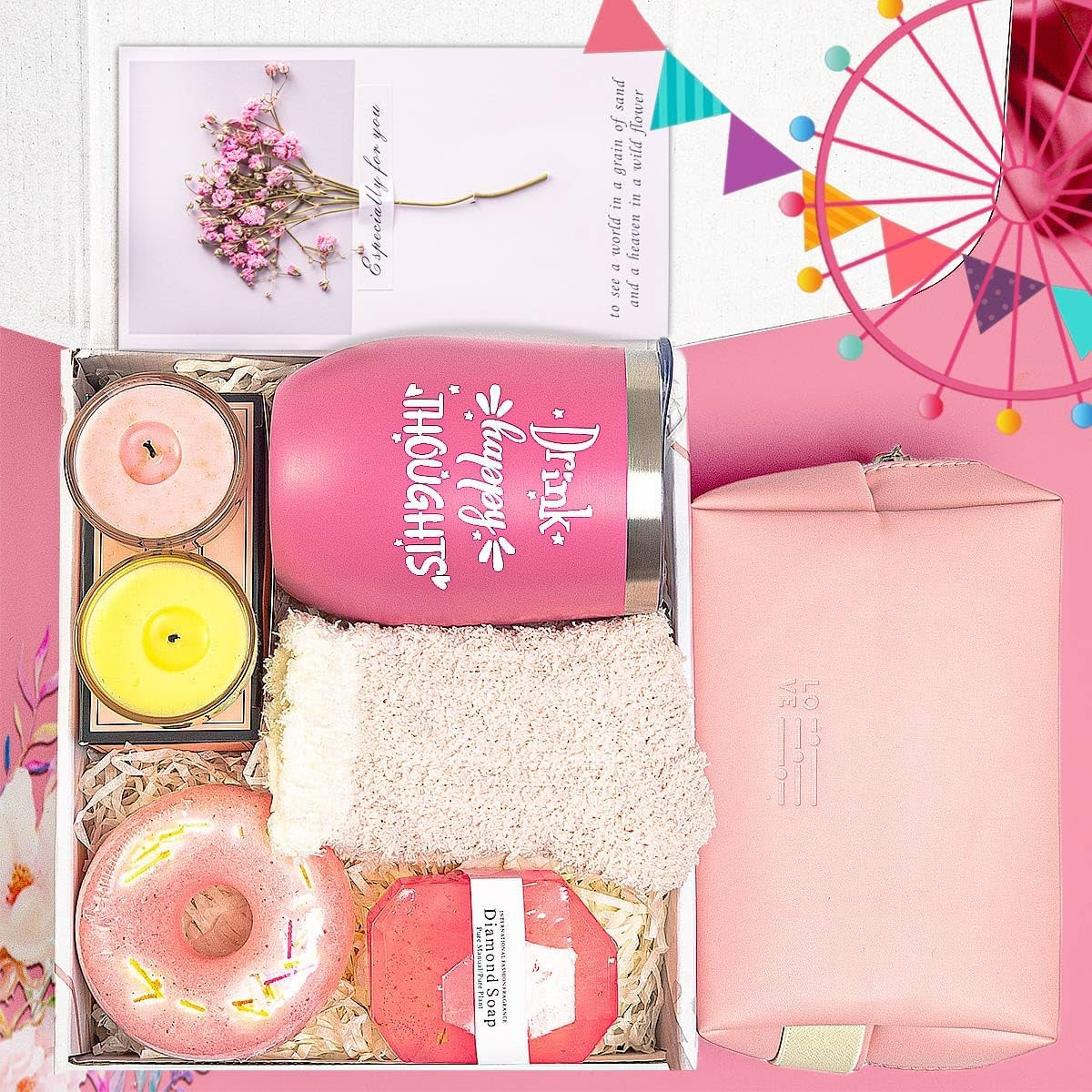 Elegant Spa Gift Basket for Women - Ideal Birthday Present for Wife, Mother, Sister, Girlfriend, Daughter, or Best Friend - Includes Wine Tumbler and Spa Bath Set (Pink)