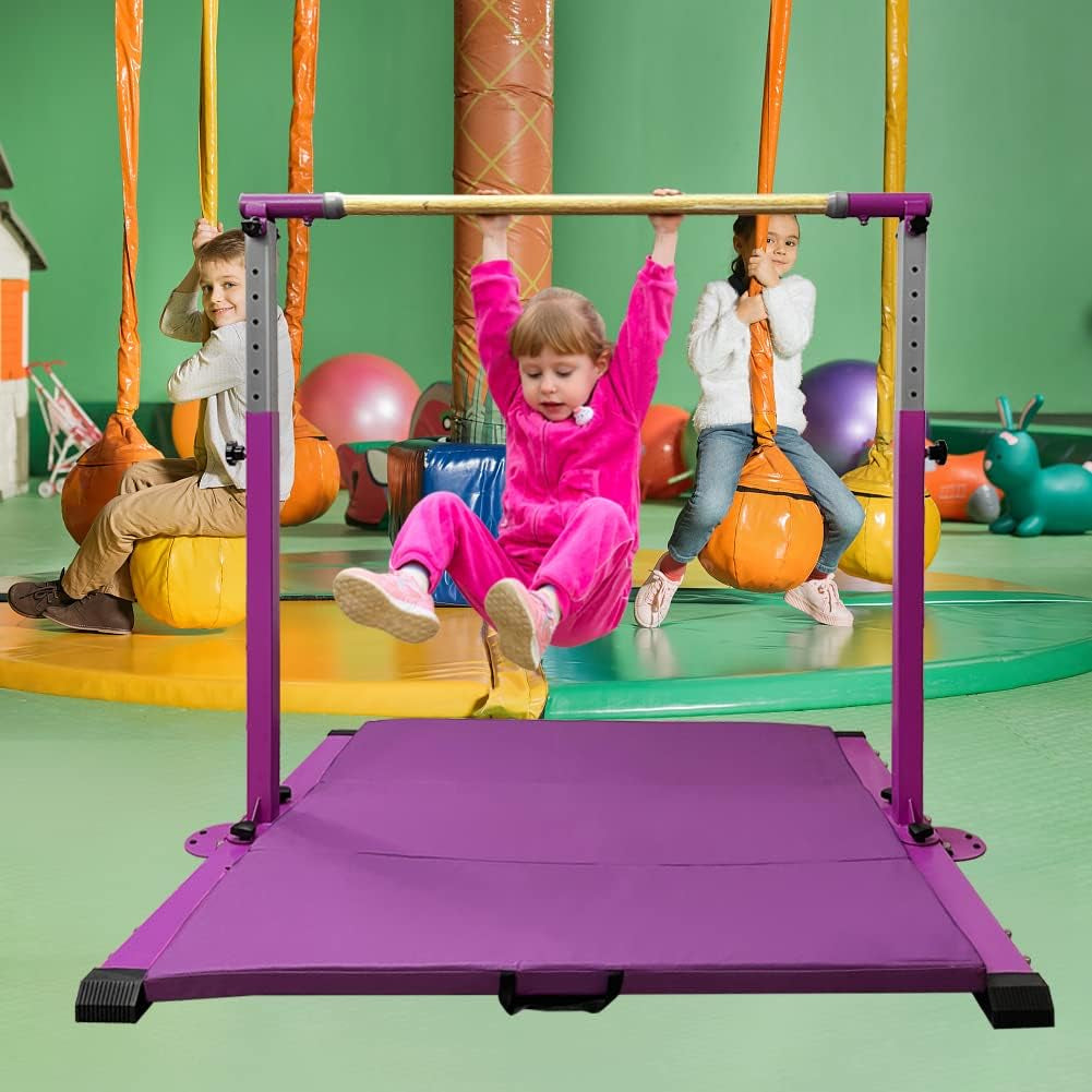 Adjustable Gymnastics Training Bar for Children Ages 3-15 with Ring - Sturdy Steel Design, Anti-Slip Features, Easy Assembly, Height Adjustable from 3' to 5